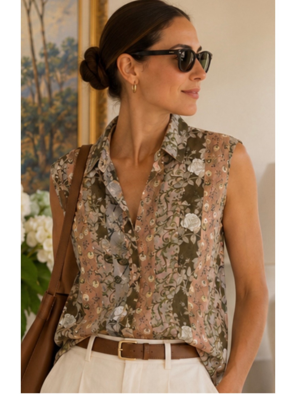 Cividini Floral Sleeveless Silk Blouse, Size 42/M Tan and Pink Italian Classic